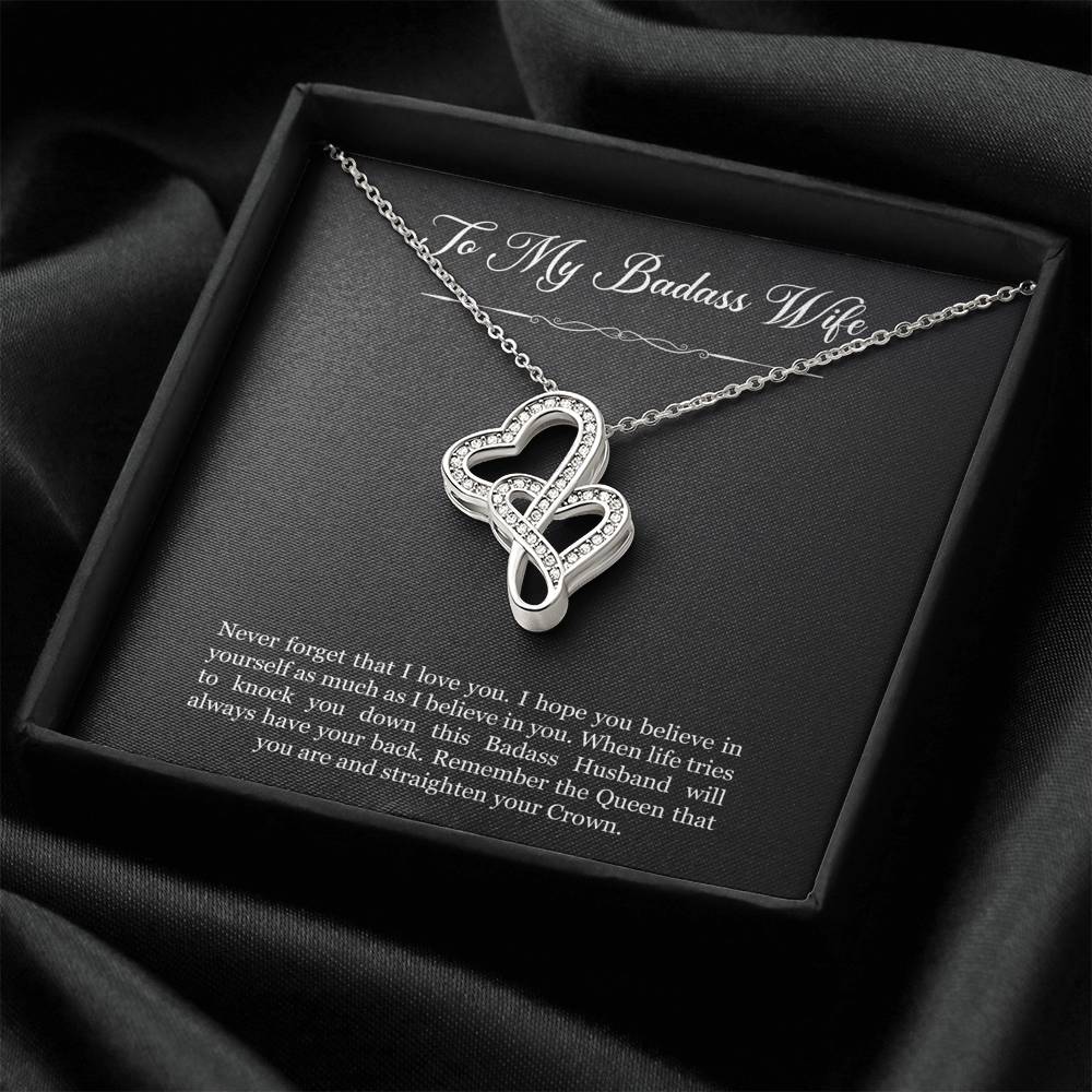 To My Badass Wife, Never Forget That I Love You, Double Heart Necklace For Women, Anniversary Birthday Gifts From Husband