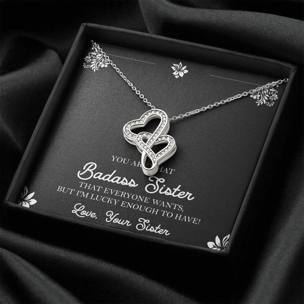 To My Badass Sister Gifts, Lucky To  Have You, Double Heart Necklace For Women, Birthday Present Idea From Sister