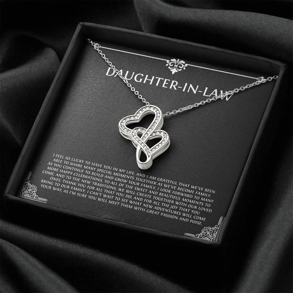 To My Daughter-in-law Gifts, I'm Lucky To Have You, Double Heart Necklace For Women, Birthday Present Idea From Mother-in-law
