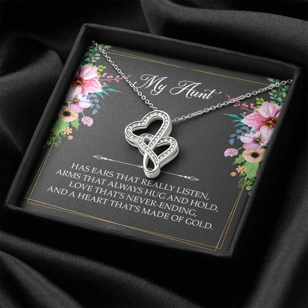 To My Aunt Gifts, Has Ears That Really Listen, Double Heart Necklace For Women, Aunt Birthday Present From Niece Nephew