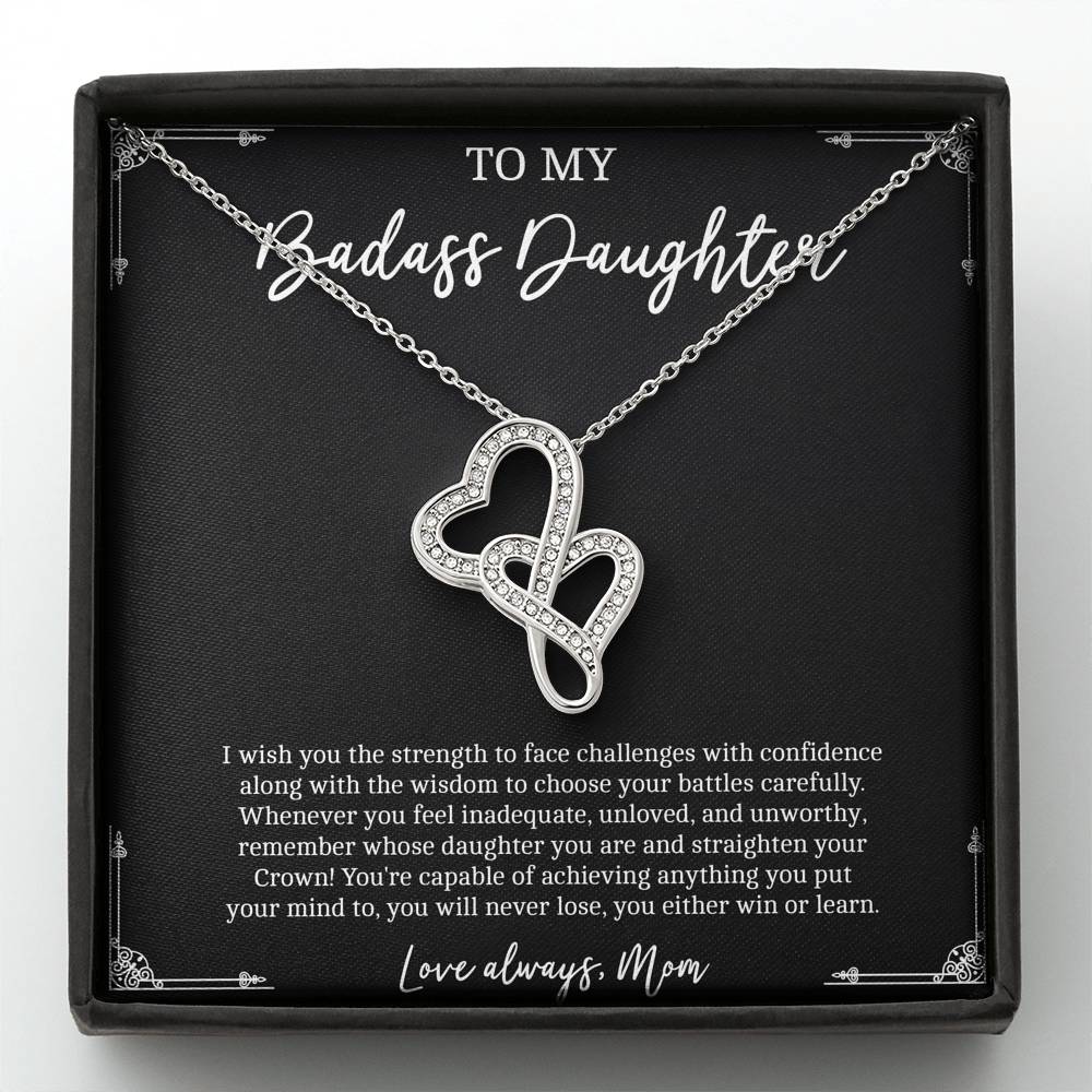 To My Badass Daughter Gifts, I Wish You Strength To Face Challenges, Double Heart Necklace For Women, Birthday Present Idea From Mom