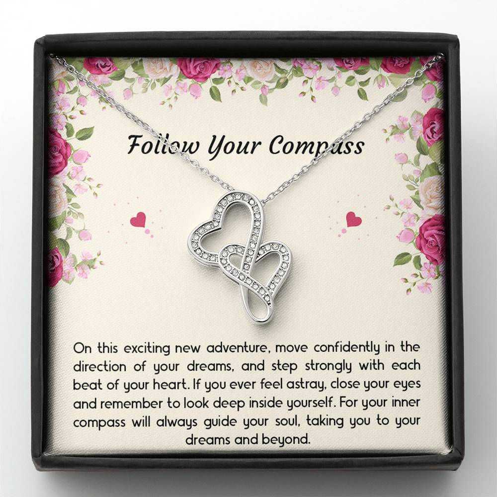 Graduation Gifts, Follow Your Compass, Double Heart Necklace For Women, College Preschool High School Graduation Present