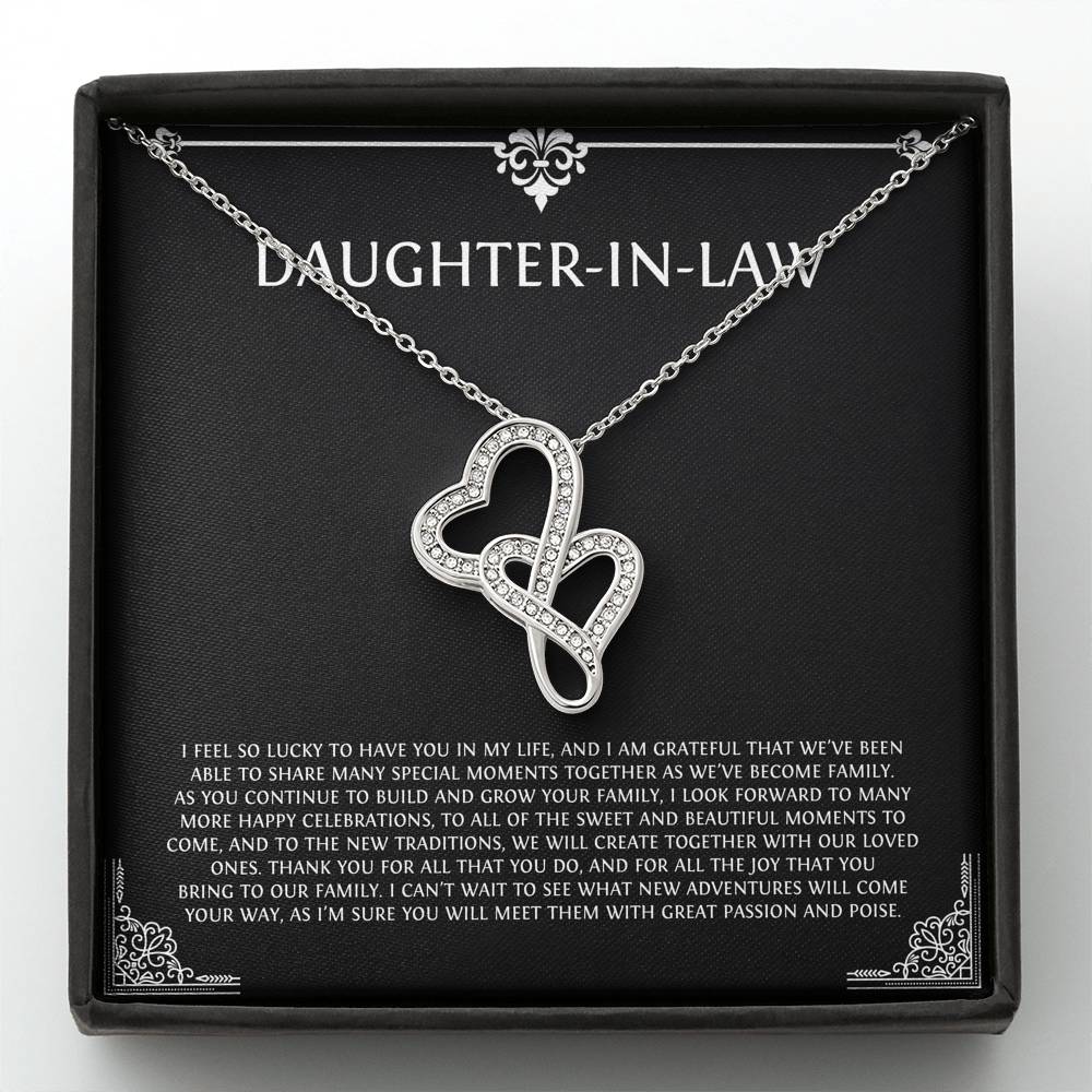 To My Daughter-in-law Gifts, I'm Lucky To Have You, Double Heart Necklace For Women, Birthday Present Idea From Mother-in-law