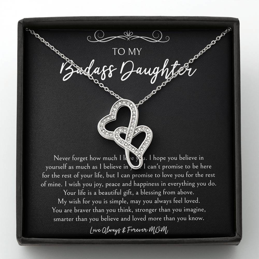 To My Badass Daughter Gifts, Never Forget How Much I Love You, Double Heart Necklace For Women, Birthday Present Idea From Mom