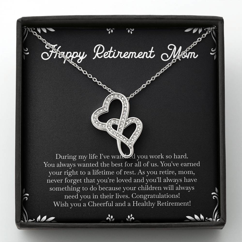 Mom Retirement Gifts, Never Forget, Happy Retirement Double Heart Necklace For Women, Retirement Party Favor From Daughter Son
