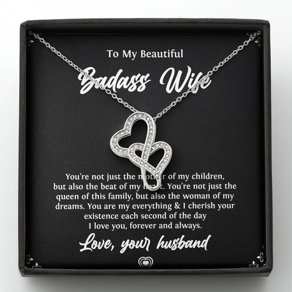 To My Badass Wife, Beat Of My Heart, Double Heart Necklace For Women, Anniversary Birthday Valentines Day Gifts From Husband