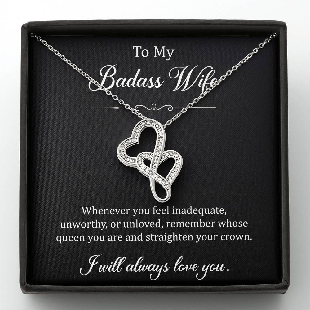 To My Badass Wife, Whenever You Feel Inadequate, Double Heart Necklace For Women, Anniversary Birthday Gifts From Husband
