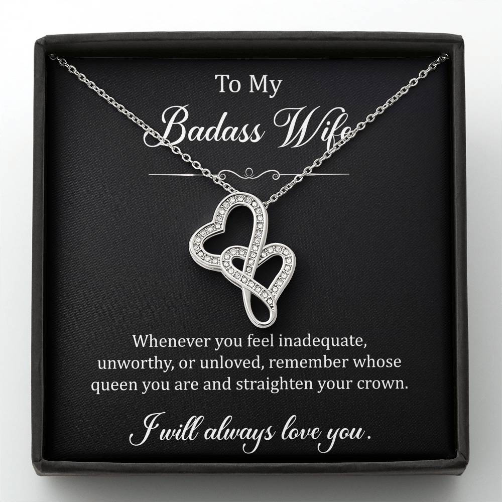 To My Badass Wife, Whenever You Feel Inadequate, Double Heart Necklace For Women, Anniversary Birthday Gifts From Husband