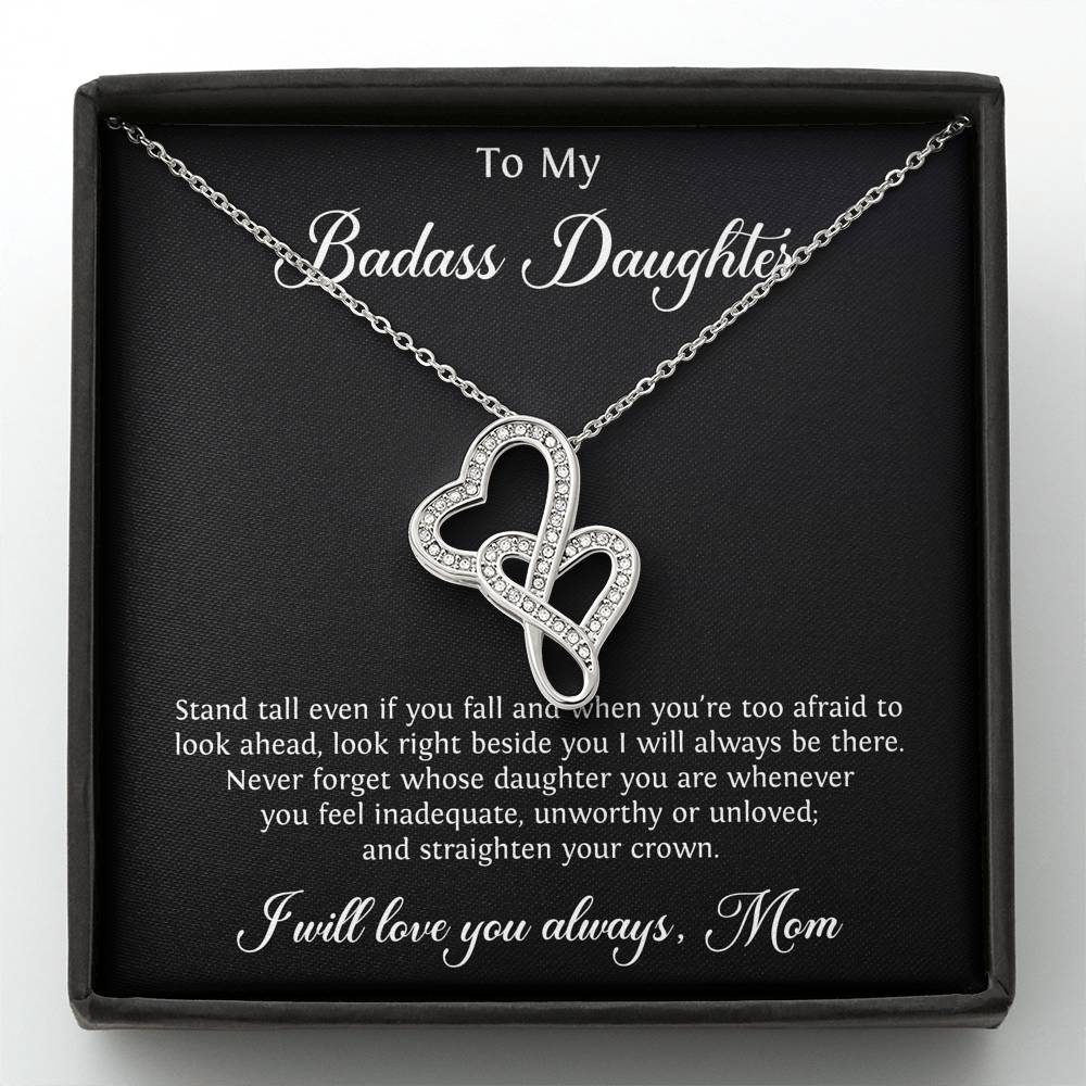To My Badass Daughter Gifts, Stand Tall Even If You Fall, Double Heart Necklace For Women, Birthday Present Idea From Mom