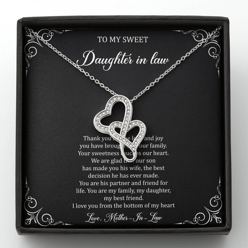 To My Daughter in Law Gifts, Thank You For The Love And Joy, Double Heart Necklace For Women, Birthday Present Idea From Mother-in-law