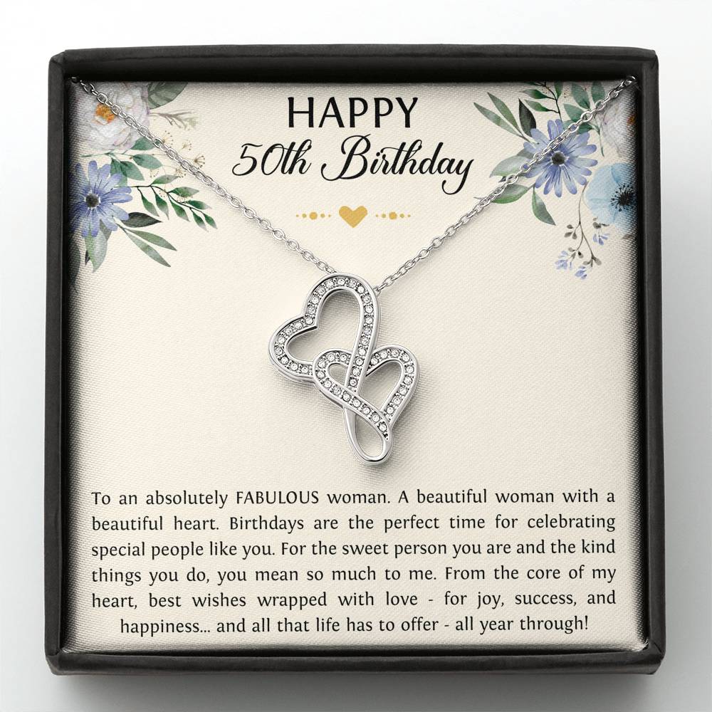 50th Birthday Gifts For Women, To A Fabulous Woman, Double Heart Necklace, Happy Birthday Message Card Jewelry For Mom