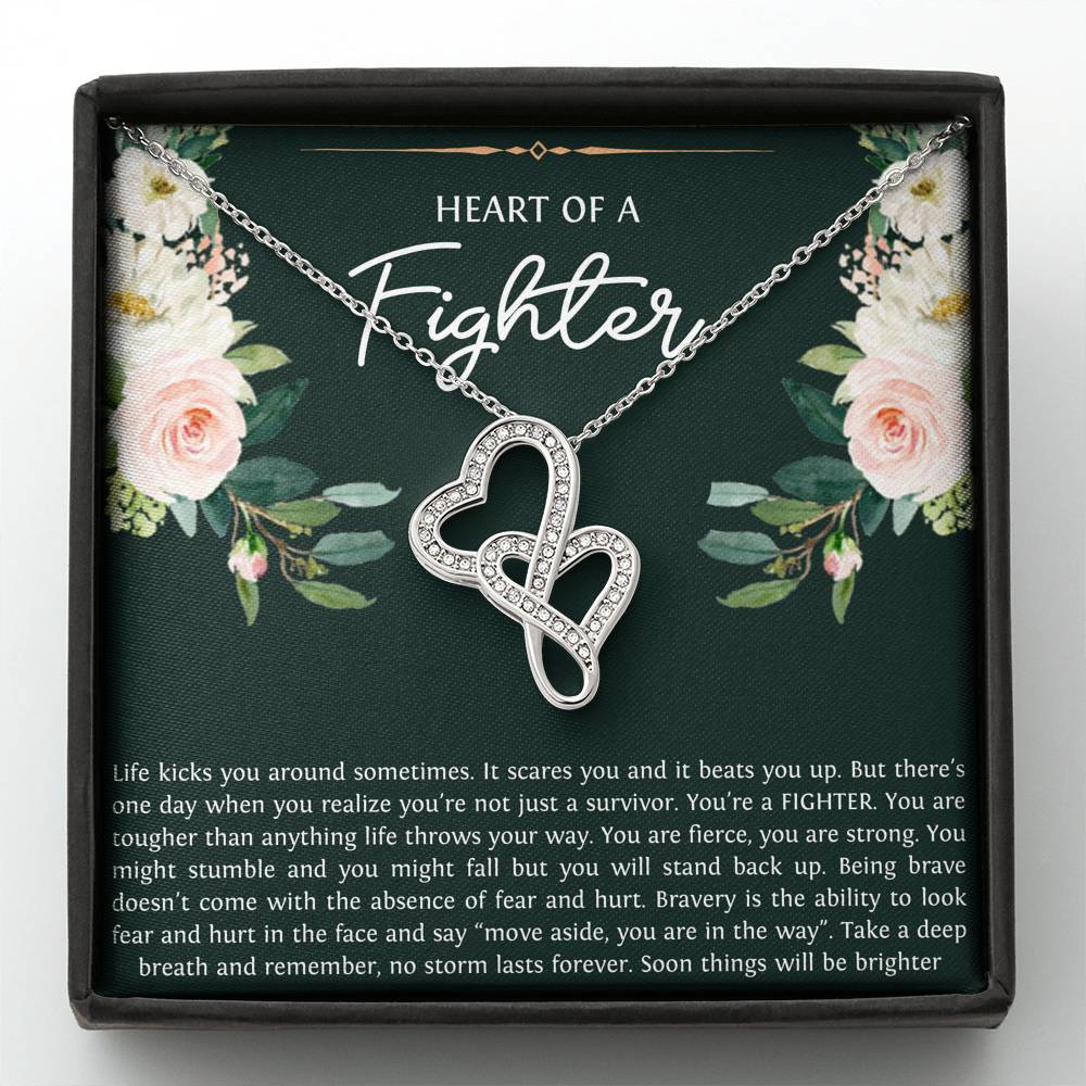 Encouragement Gifts, Heart of a Fighter, Motivational Double Heart Necklace For Women, Sympathy Inspiration Friendship Present
