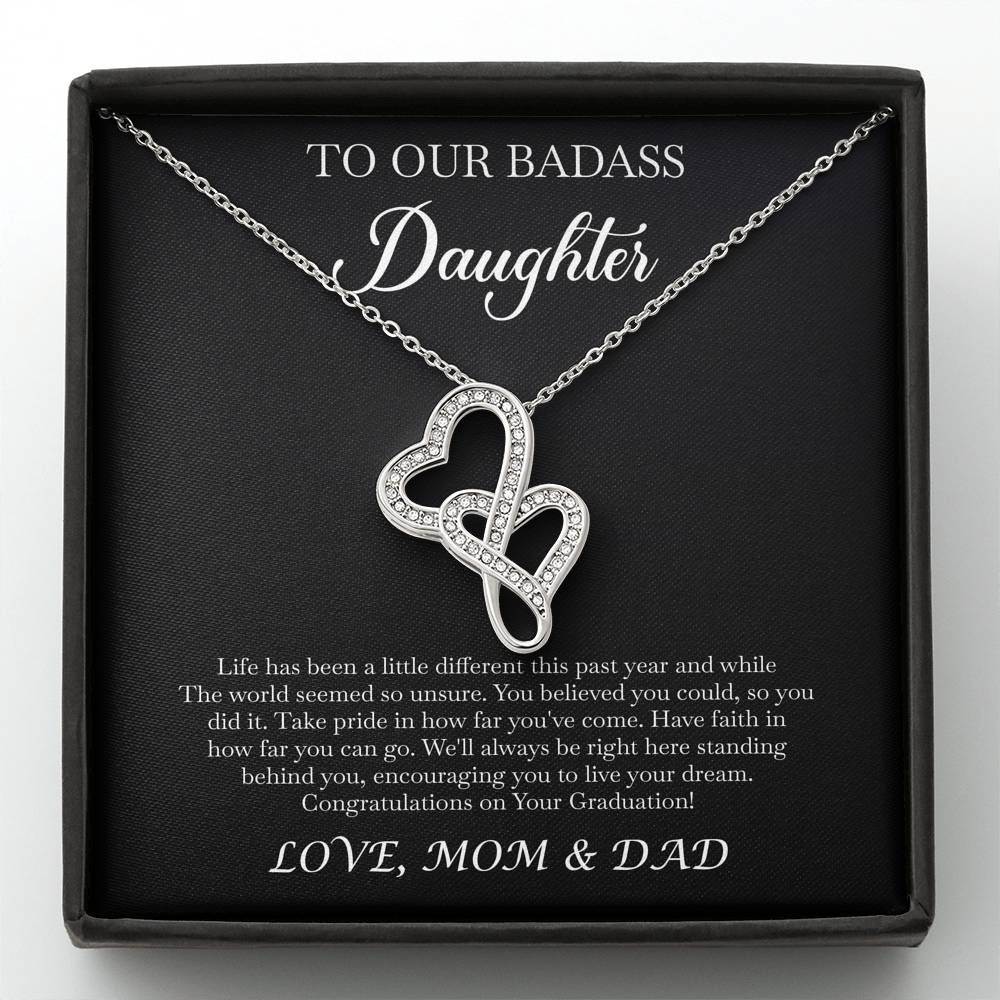 To My Badass Daughter Gifts, Congratulations, Double Heart Necklace For Women, Graduation Present Ideas From Mom Dad