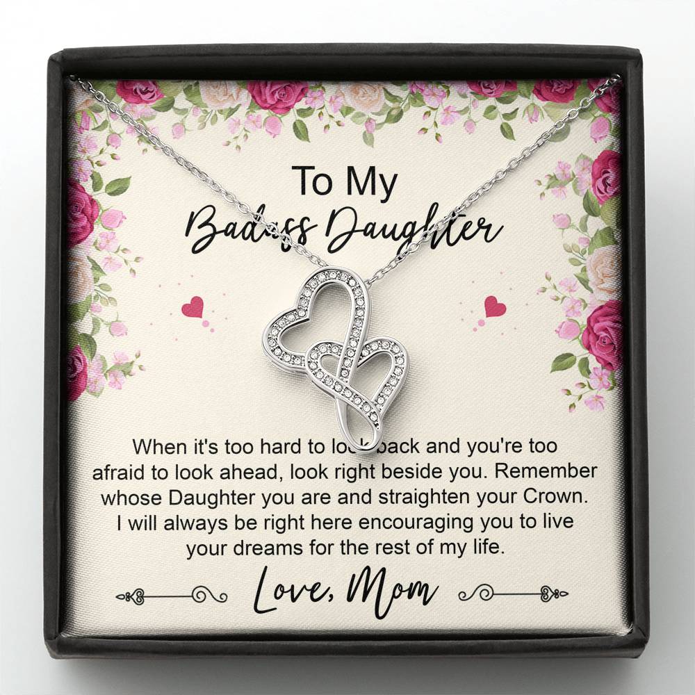 To My Badass Daughter Gifts, When It's Too Hard To Look Back, Double Heart Necklace For Women, Birthday Present Idea From Mom