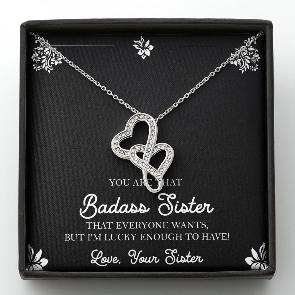 To My Badass Sister Gifts, Lucky To  Have You, Double Heart Necklace For Women, Birthday Present Idea From Sister
