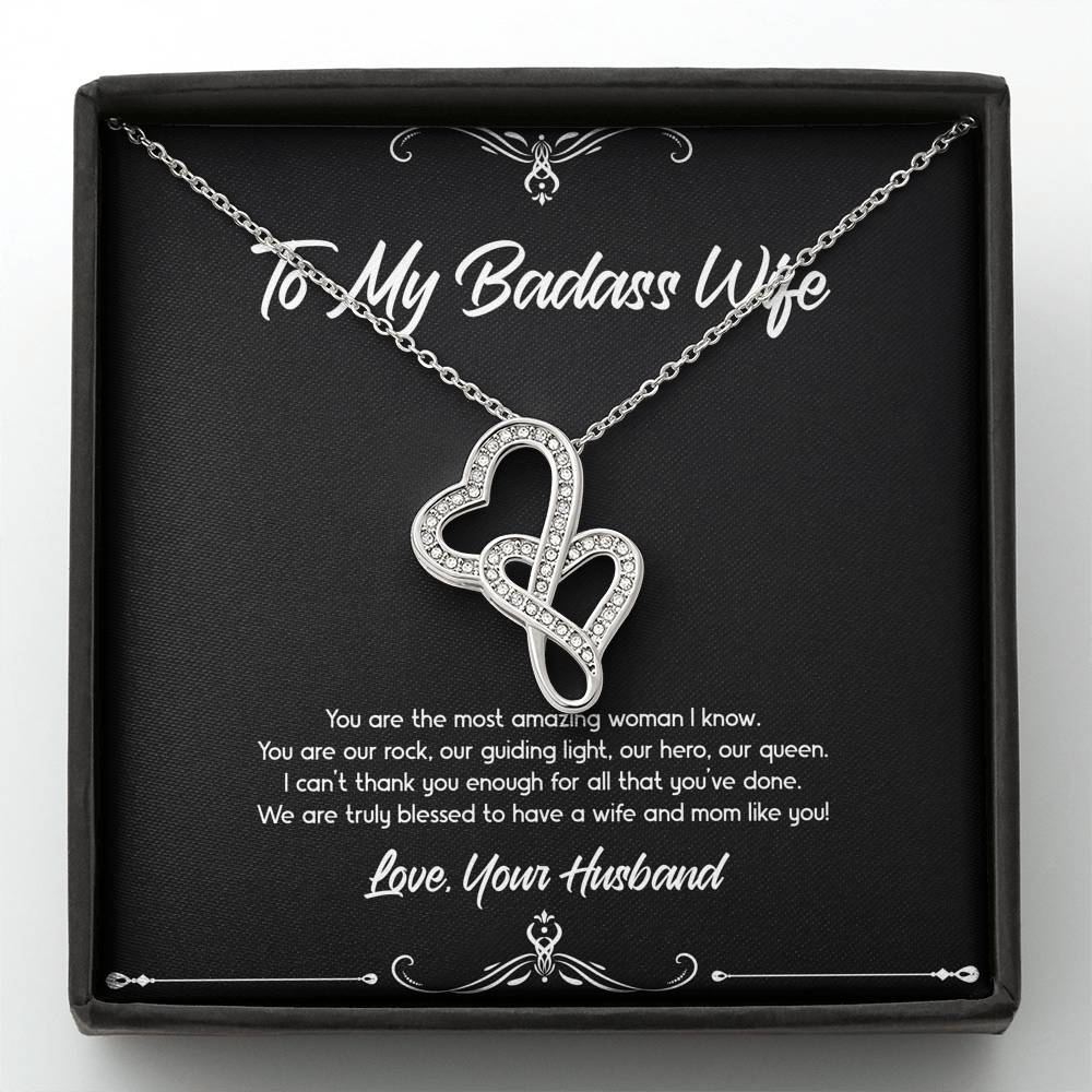 To My Badass Wife, You Are Our Rock, Double Heart Necklace For Women, Anniversary Birthday Valentines Day Gifts From Husband
