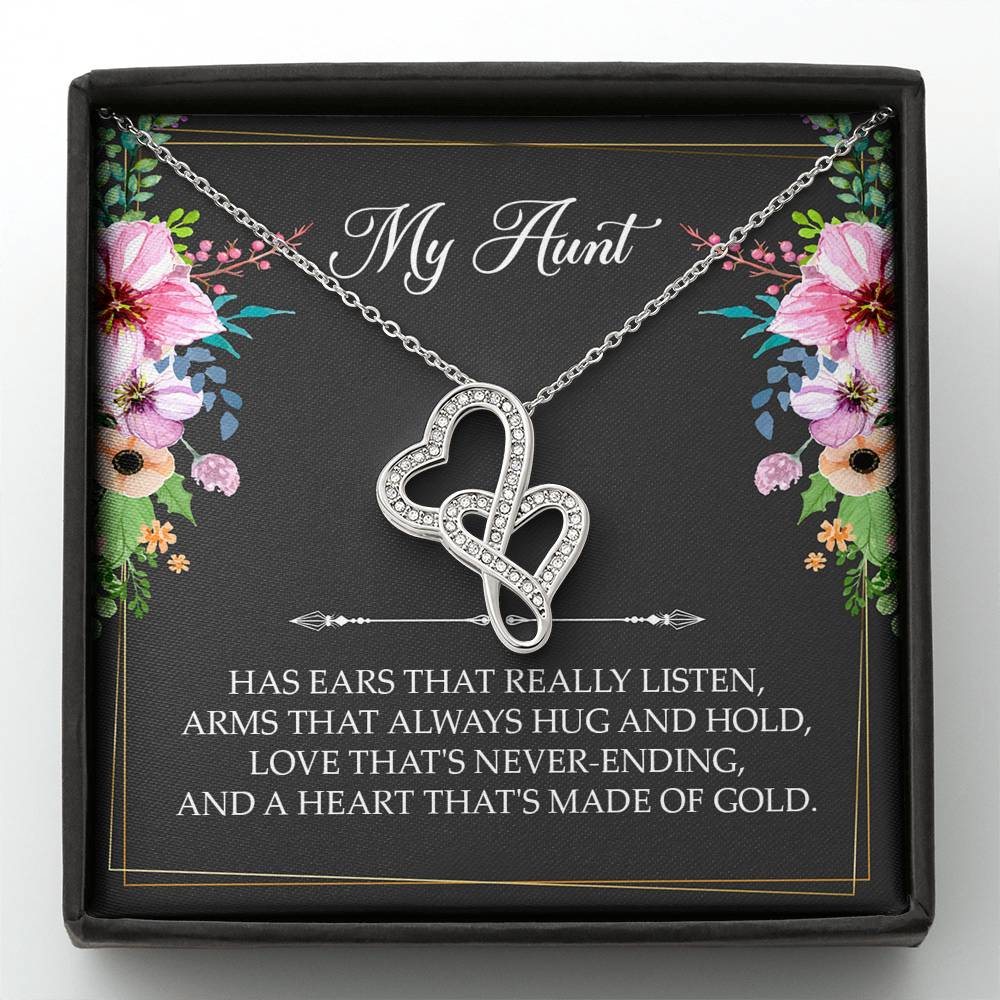 To My Aunt Gifts, Has Ears That Really Listen, Double Heart Necklace For Women, Aunt Birthday Present From Niece Nephew