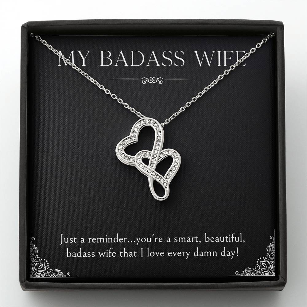 To My Badass Wife, Just A Reminder, Double Heart Necklace For Women, Anniversary Birthday Valentines Day Gifts From Husband