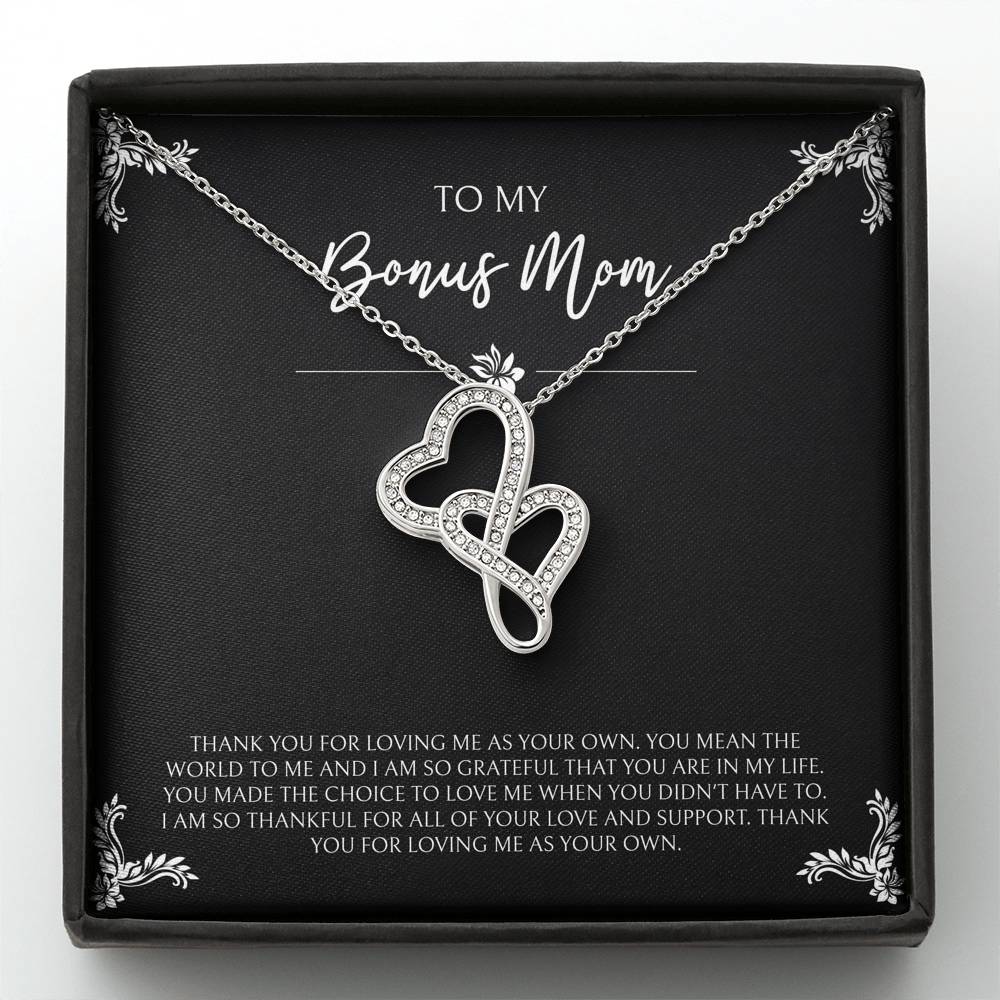 To My Bonus Mom Gifts, You Mean The World To Me , Double Heart Necklace For Women, Birthday Mothers Day Present From Bonus Daughter