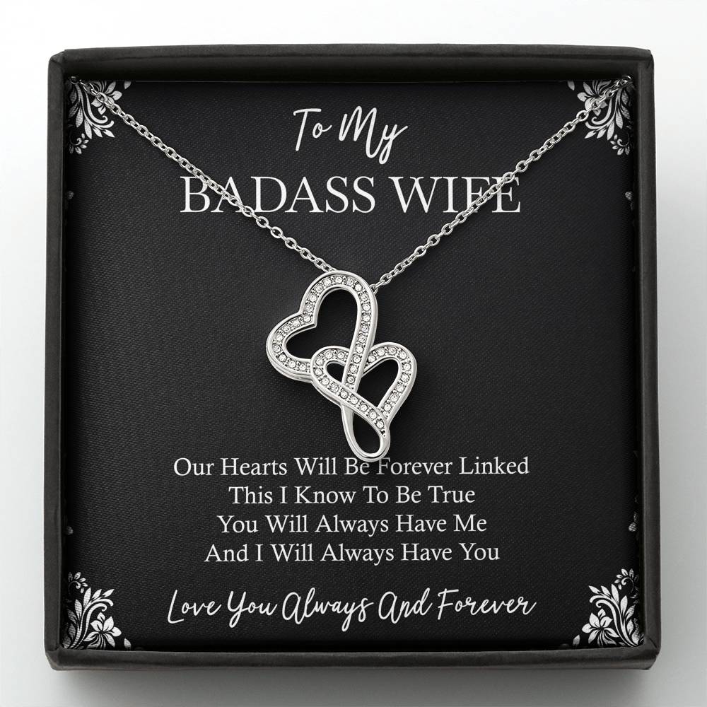 To My Badass Wife, You Will Always Have Me, Double Heart Necklace For Women, Anniversary Birthday Valentines Day Gifts From Husband