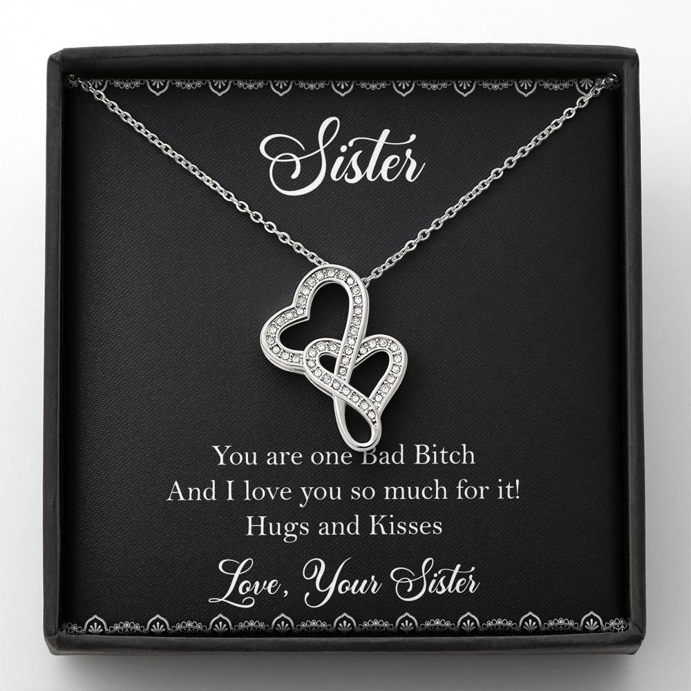 To My Badass Sister Gifts, Hugs And Kisses, Double Heart Necklace For Women, Birthday Present Idea From Sister