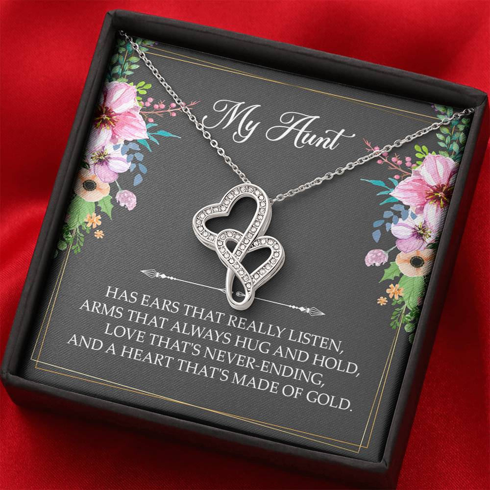 To My Aunt Gifts, Has Ears That Really Listen, Double Heart Necklace For Women, Aunt Birthday Present From Niece Nephew