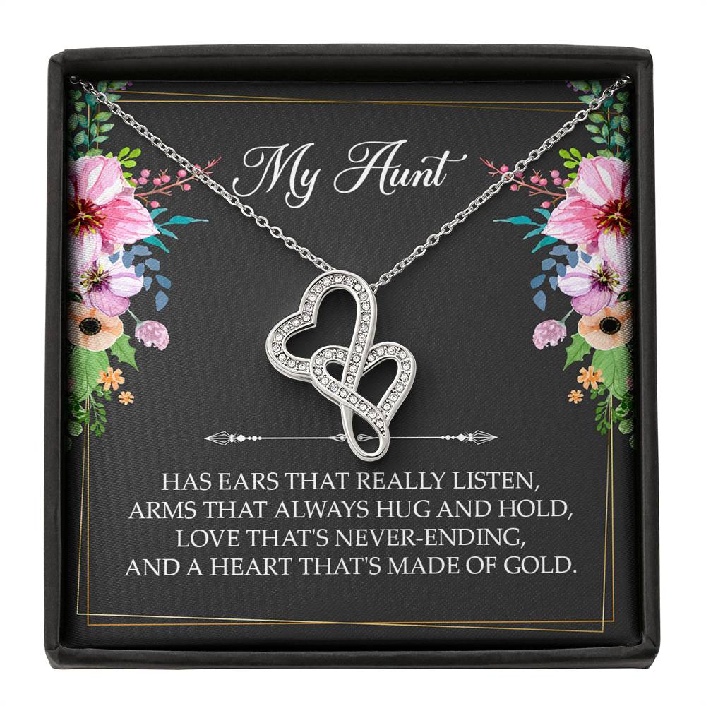 To My Aunt Gifts, Has Ears That Really Listen, Double Heart Necklace For Women, Aunt Birthday Present From Niece Nephew