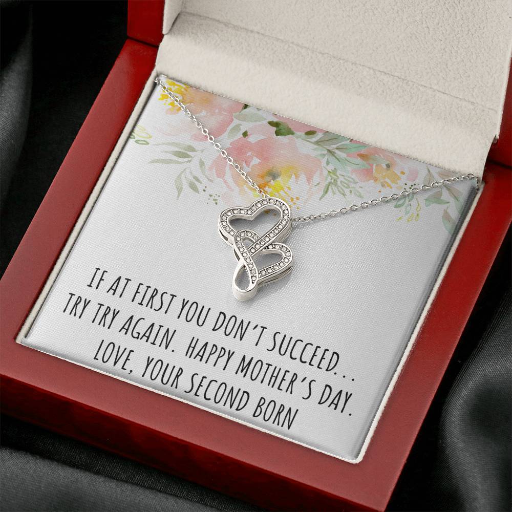 To My Mom Gifts, If At First You Don't, Double Heart Necklace For Women, Mothers Day Present From Second Born Child