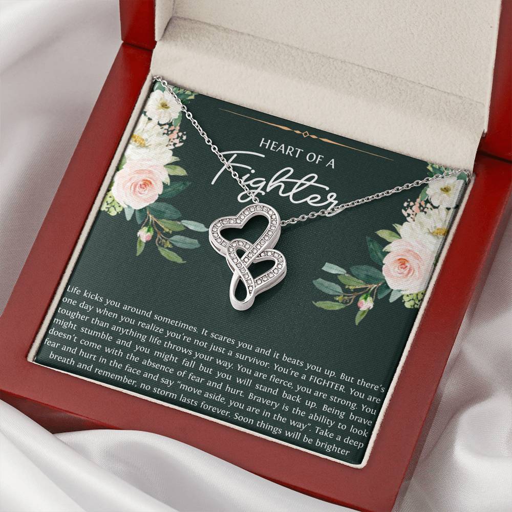 Encouragement Gifts, Heart of a Fighter, Motivational Double Heart Necklace For Women, Sympathy Inspiration Friendship Present