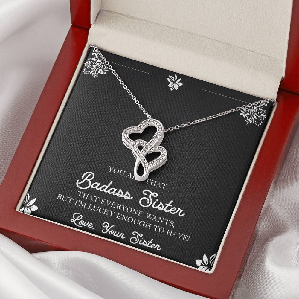 To My Badass Sister Gifts, Lucky To  Have You, Double Heart Necklace For Women, Birthday Present Idea From Sister