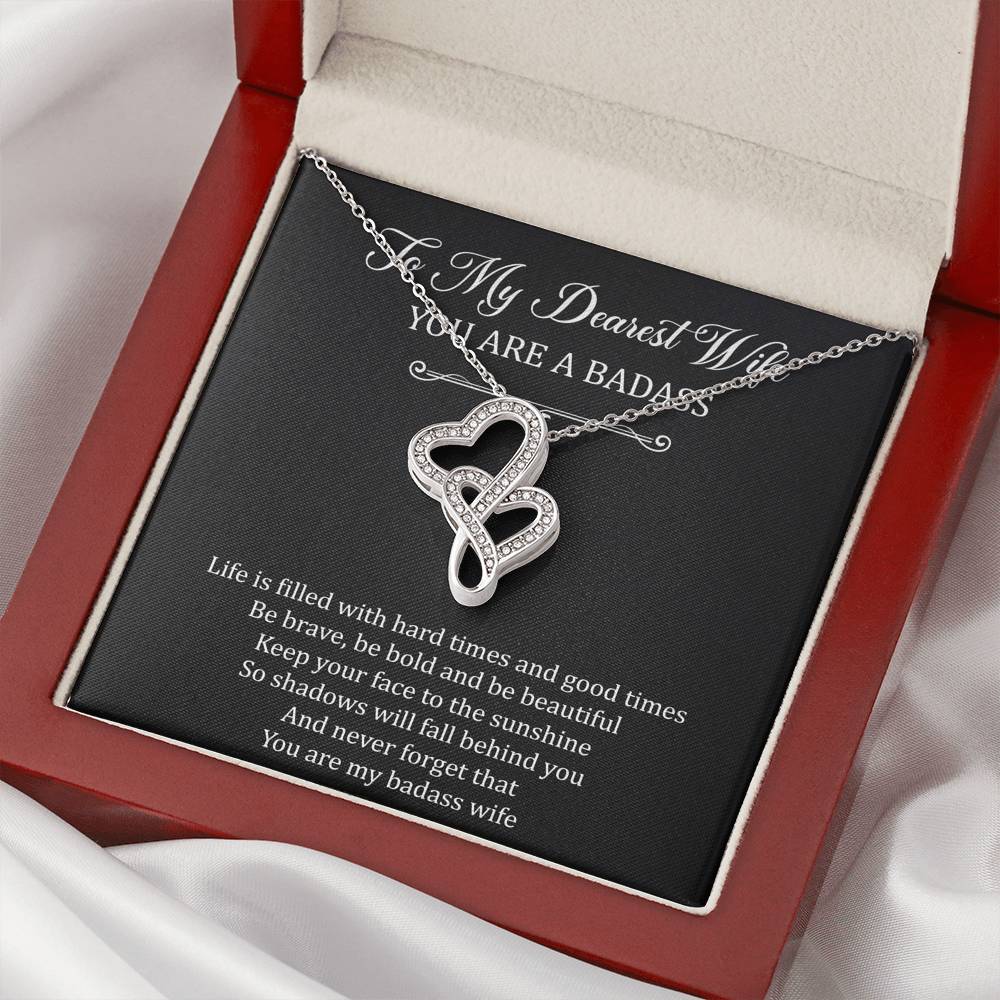 To My Badass Wife, Be Brave, Double Heart Necklace For Women, Anniversary Birthday Valentines Day Gifts From Husband