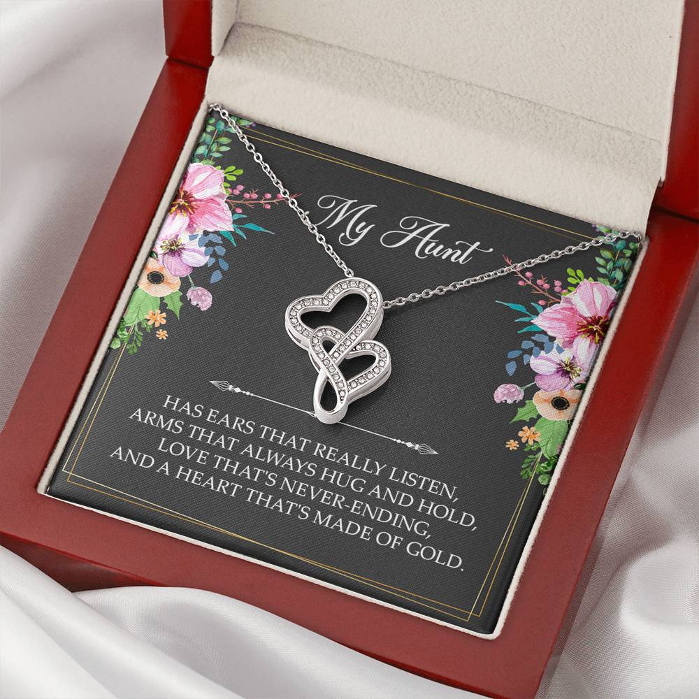 To My Aunt Gifts, Has Ears That Really Listen, Double Heart Necklace For Women, Aunt Birthday Present From Niece Nephew