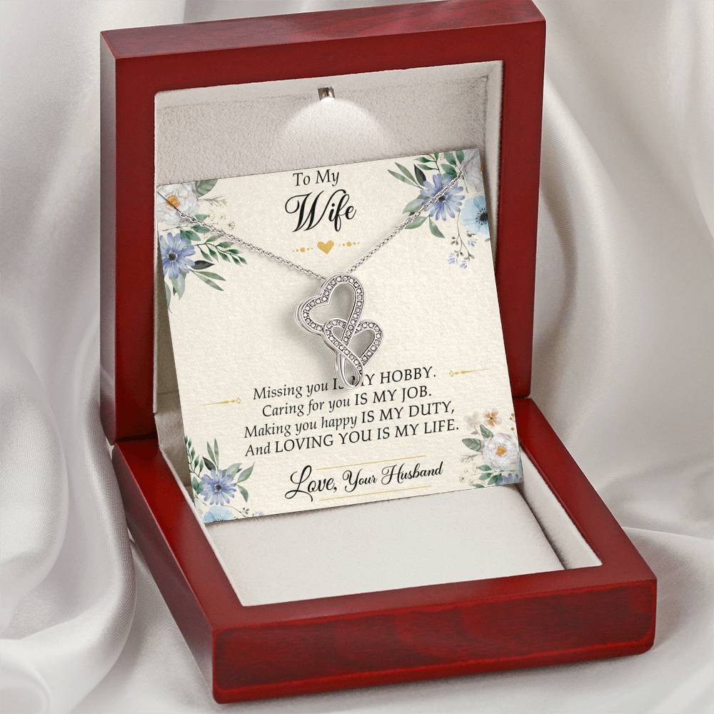 To My Wife, Missing You Is My Hobby, Double Heart Necklace For Women, Anniversary Birthday Gifts From Husband
