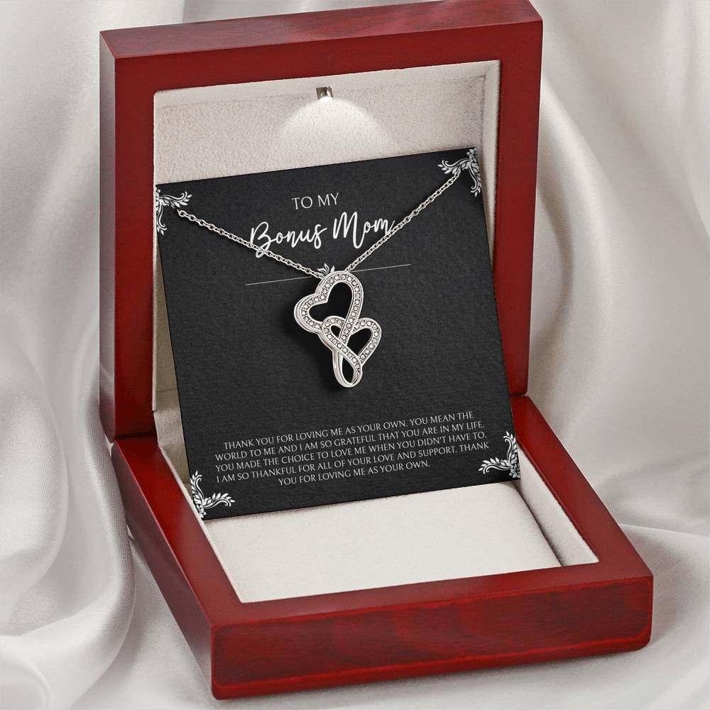 To My Bonus Mom Gifts, You Mean The World To Me , Double Heart Necklace For Women, Birthday Mothers Day Present From Bonus Daughter