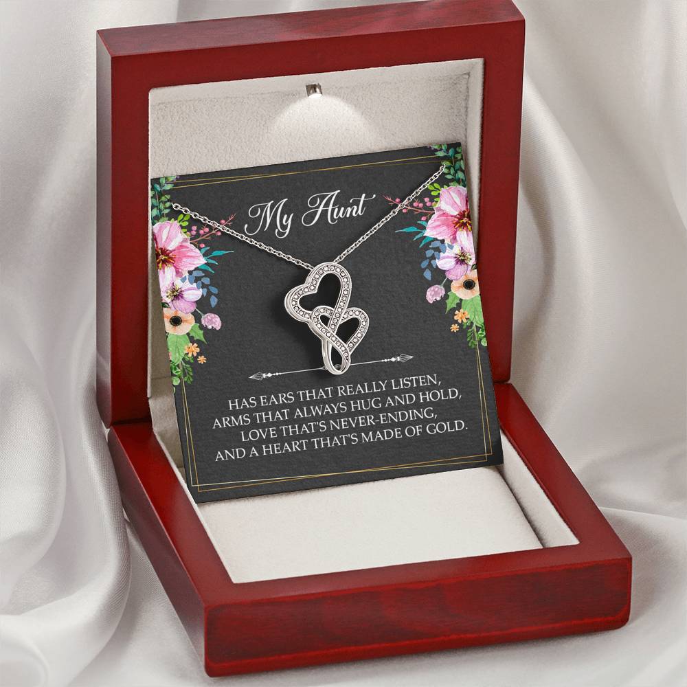 To My Aunt Gifts, Has Ears That Really Listen, Double Heart Necklace For Women, Aunt Birthday Present From Niece Nephew