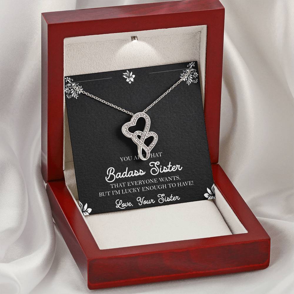 To My Badass Sister Gifts, Lucky To  Have You, Double Heart Necklace For Women, Birthday Present Idea From Sister