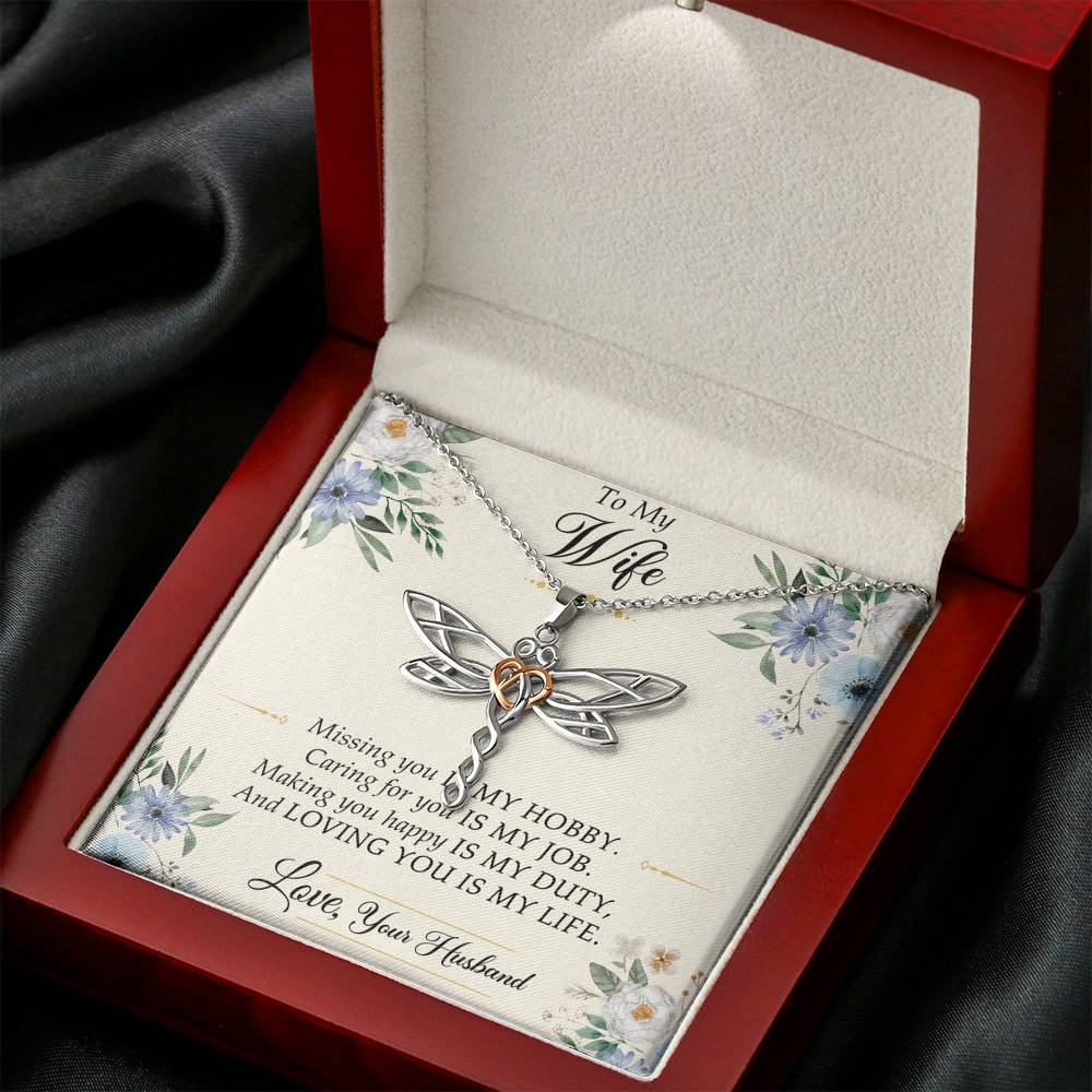 To My Wife, Missing You Is My Hobby, Dragonfly Necklace For Women, Anniversary Birthday Gifts From Husband
