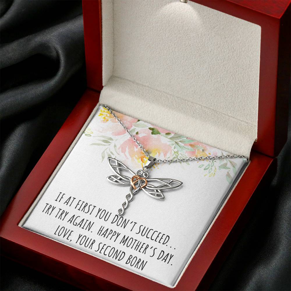 To My Mom Gifts, If At First You Don't, Dragonfly Necklace For Women, Mothers Day Present From Second Born Child