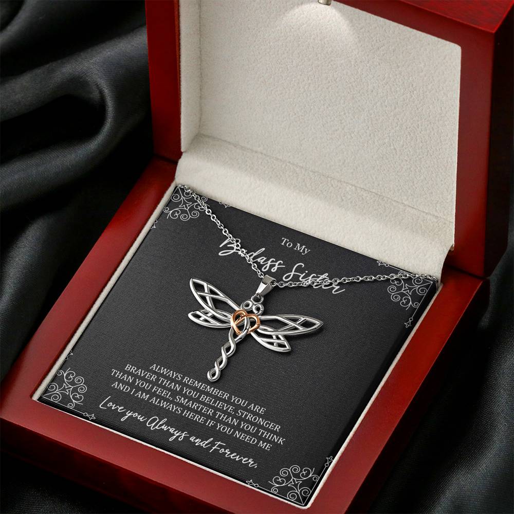 To My Badass Sister Gifts, Always Remember, Dragonfly Necklace For Women, Birthday Present Ideas From Sister Brother