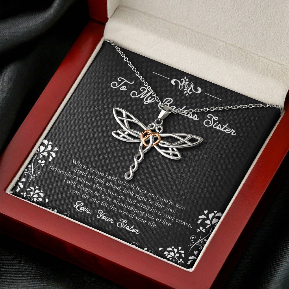 To My Badass Sister Gifts, I Will Always Be Here , Dragonfly Necklace For Women, Birthday Present Idea From Sister