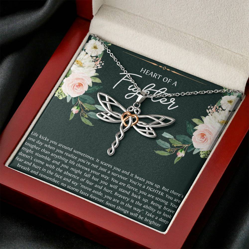 Encouragement Gifts, Heart of a Fighter, Motivational Dragonfly Necklace For Women, Sympathy Inspiration Friendship Present