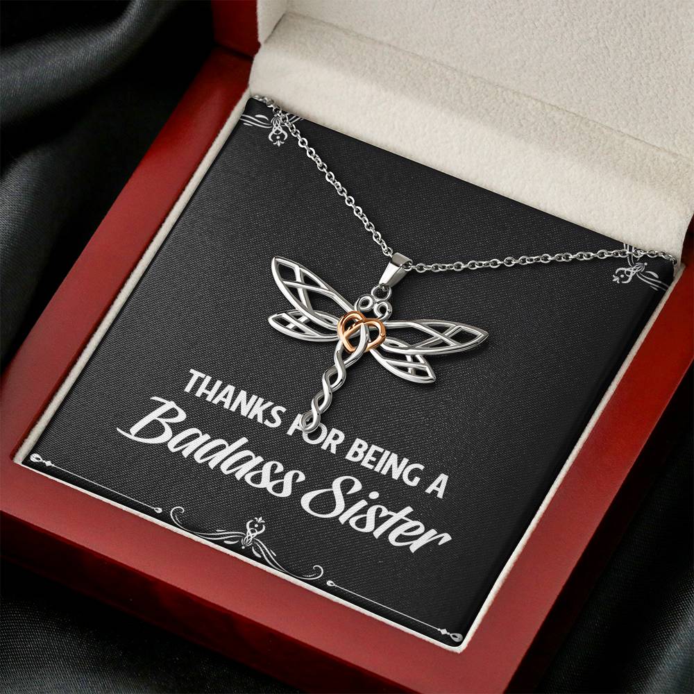 To My Badass Sister Gifts, Thanks For Being A Badass Sister, Dragonfly Necklace For Women, Birthday Present Idea From Sister