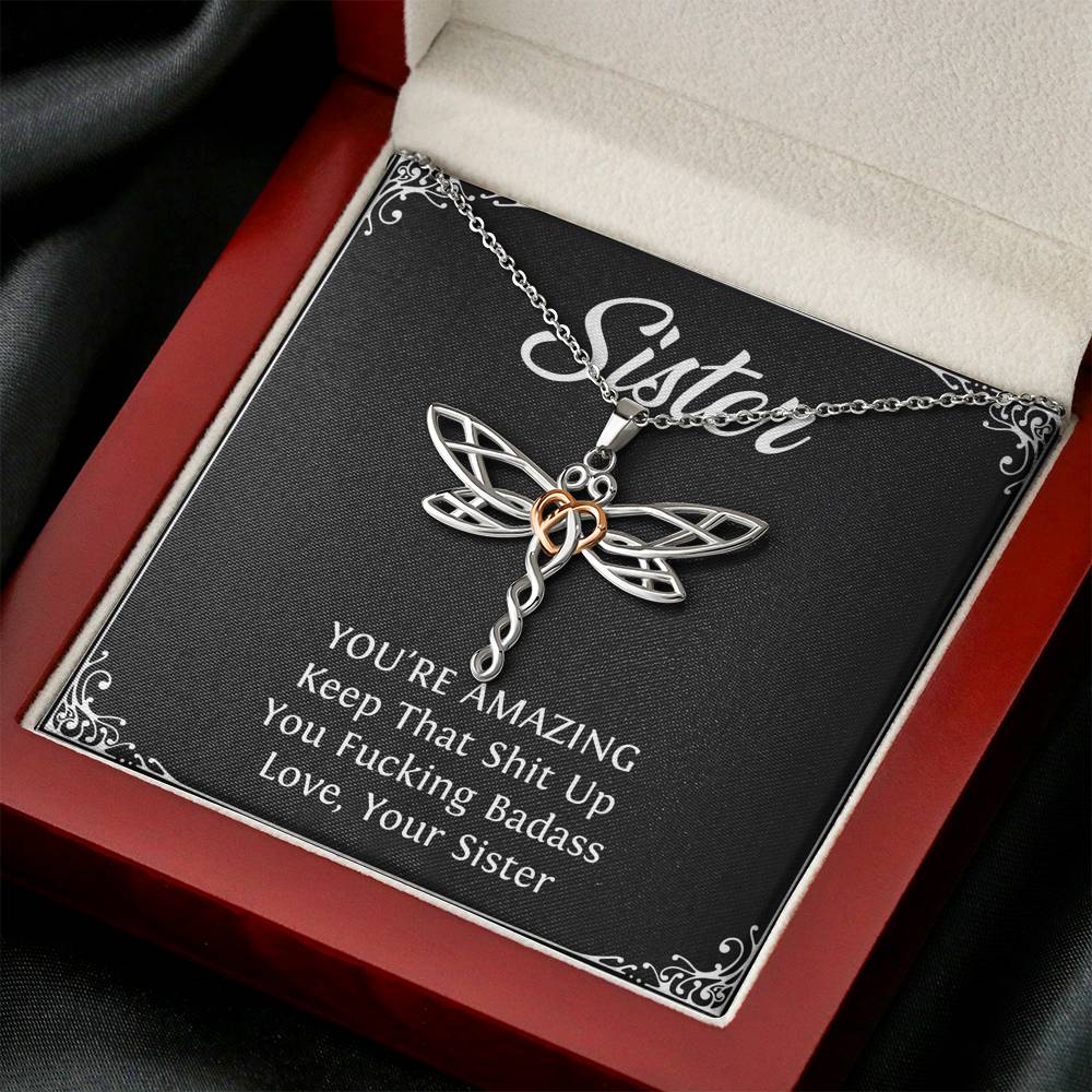 To My Badass Sister Gifts, You're Amazing, Dragonfly Necklace For Women, Birthday Present Idea From Sister