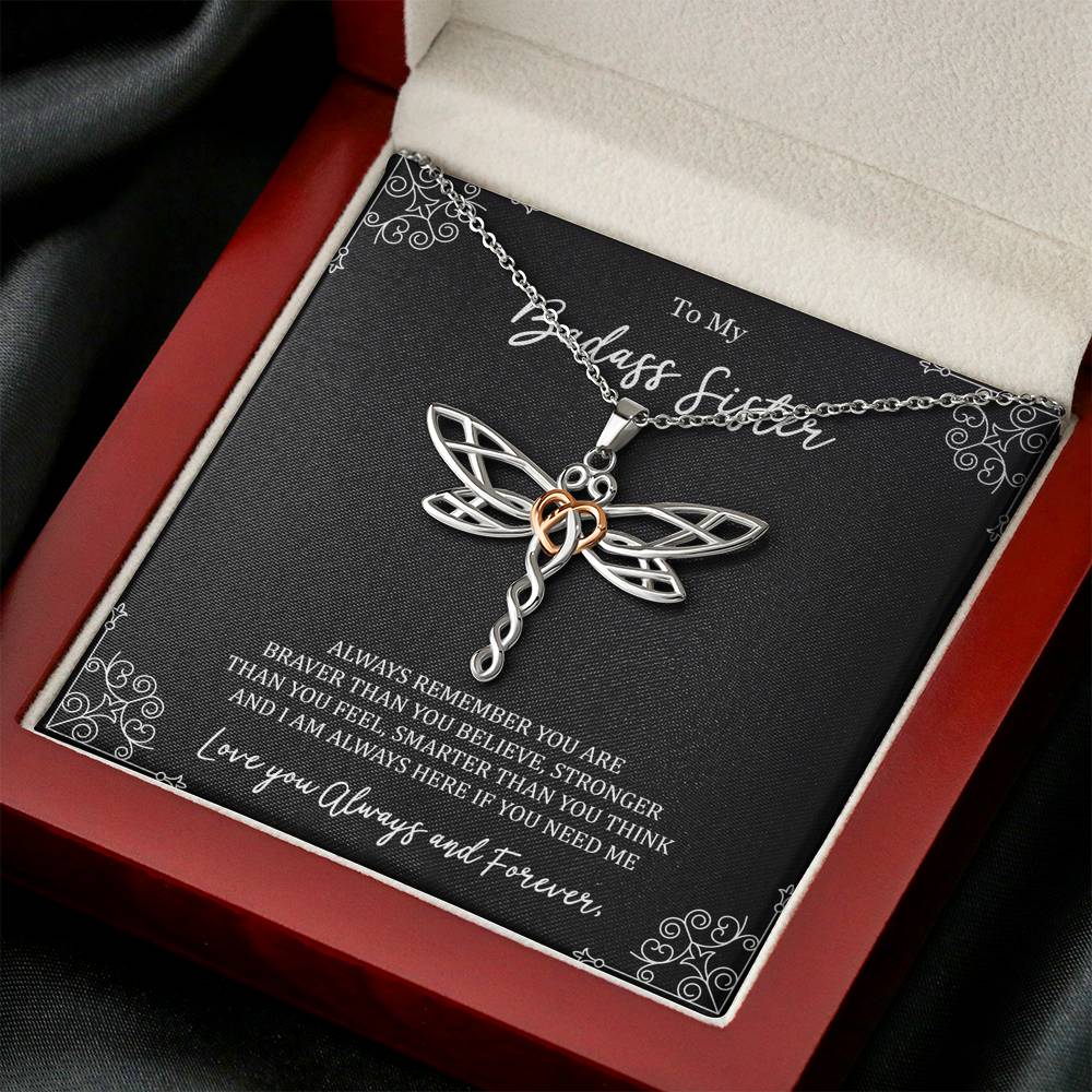 To My Badass Sister Gifts, Always Remember, Dragonfly Necklace For Women, Birthday Present Ideas From Sister Brother