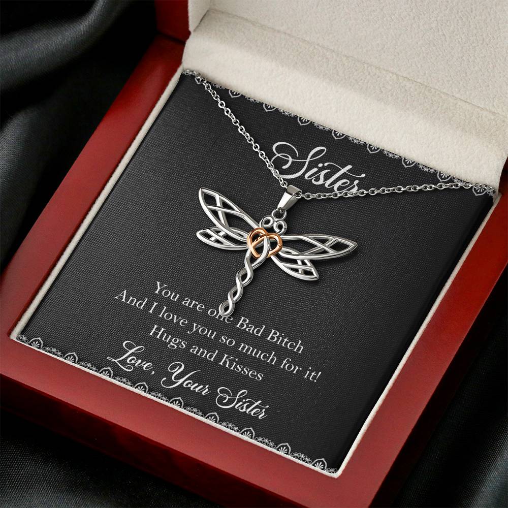 To My Badass Sister Gifts, Hugs And Kisses, Dragonfly Necklace For Women, Birthday Present Idea From Sister