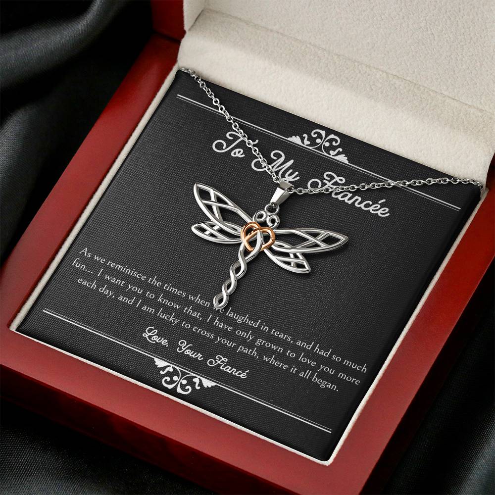 To My Fiancée, I Am Lucky To Cross Your Path, Dragonfly Necklace For Women, Anniversary Birthday Valentines Day Gifts From Fiancé