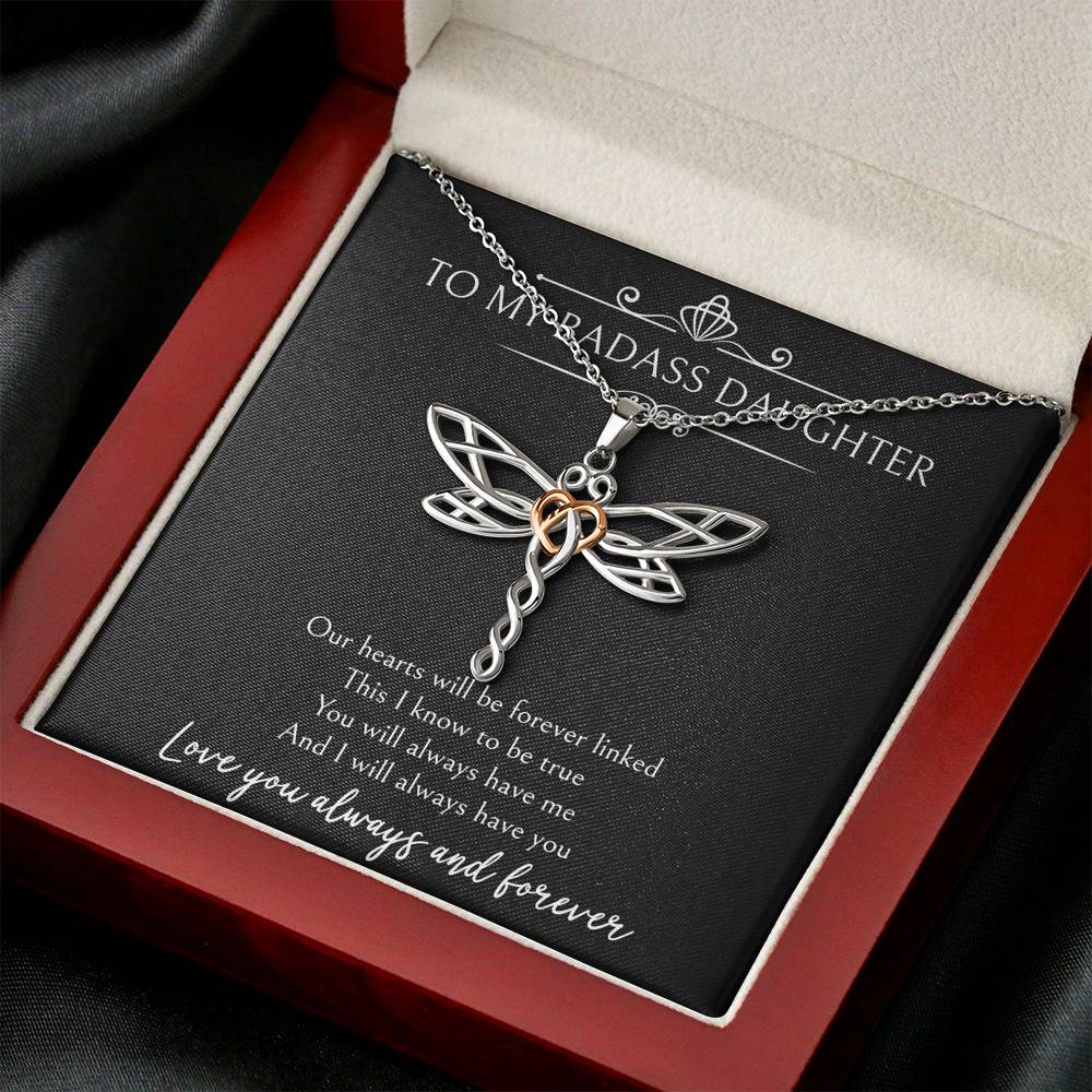 To My Badass Daughter Gifts, Our Hearts Will Be Forever Linked, Dragonfly Necklace For Women, Birthday Present Ideas From Mom Dad