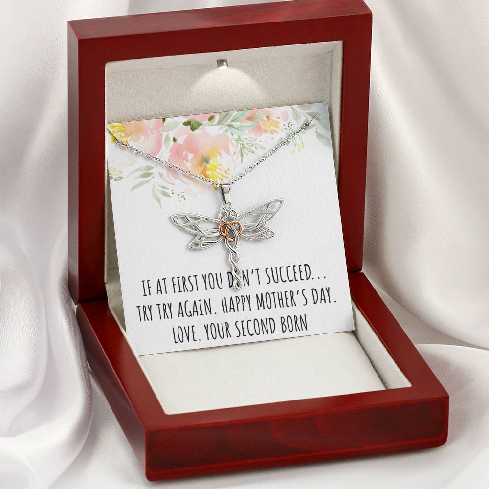 To My Mom Gifts, If At First You Don't, Dragonfly Necklace For Women, Mothers Day Present From Second Born Child
