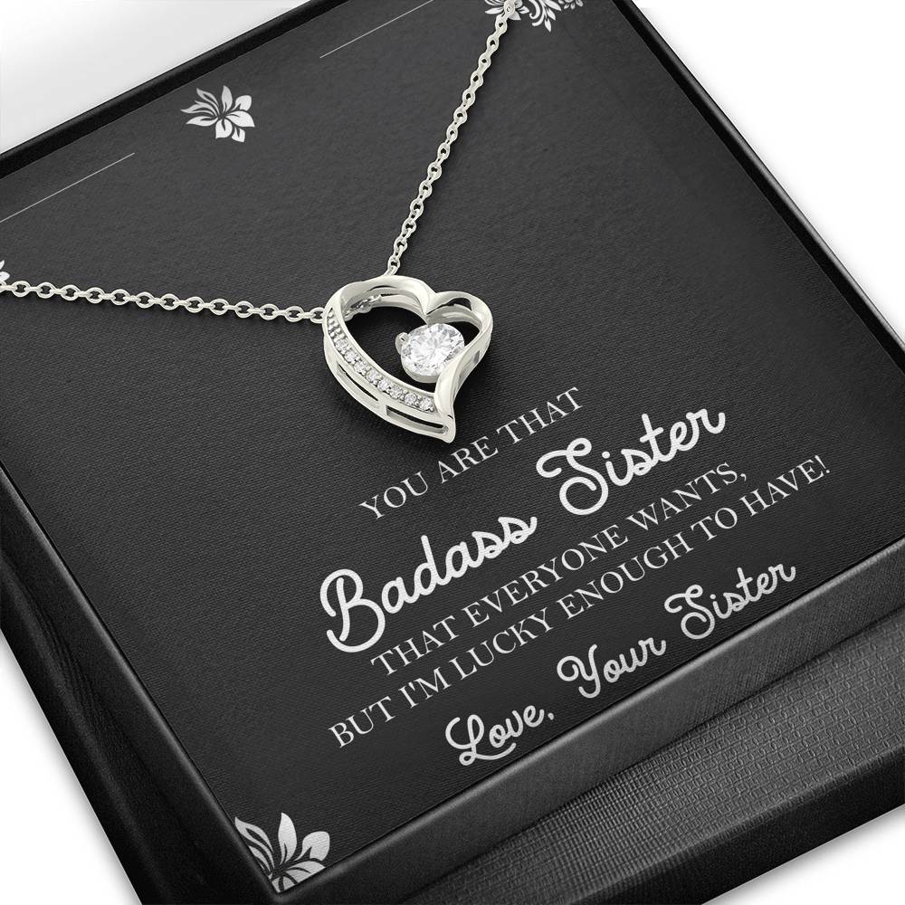 To My Badass Sister Gifts, Lucky To  Have You, Forever Love Heart Necklace For Women, Birthday Present Idea From Sister