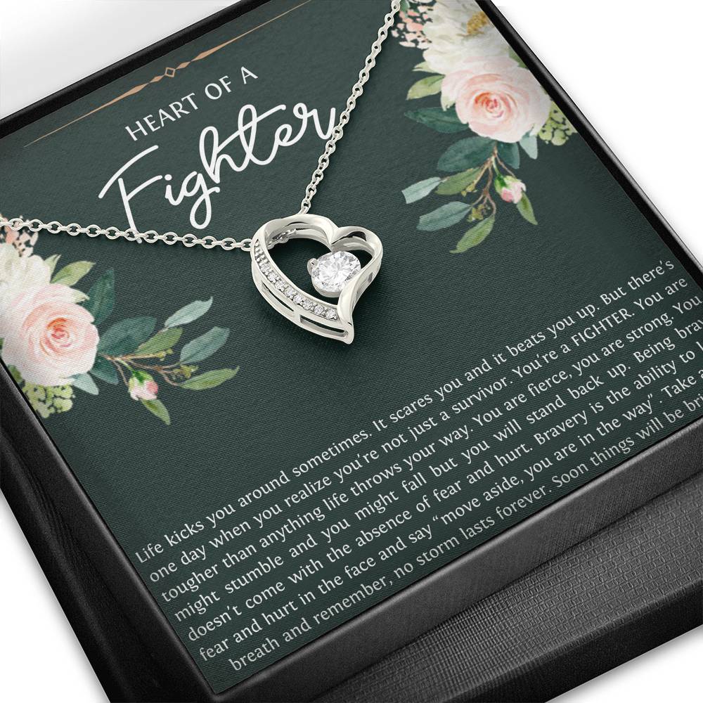 Encouragement Gifts, Heart of a Fighter, Motivational Forever Love Heart Necklace For Women, Sympathy Inspiration Friendship Present